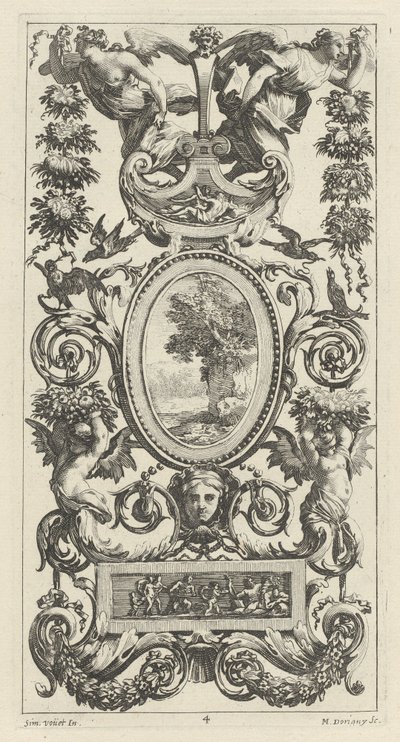 Panneau ornemental avec Pan et deux femmes portant des guirlandes - Michel Dorigny, after Simon Vouet