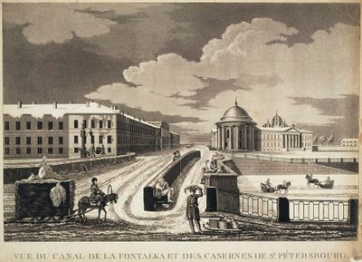 Vue du pont Izmailovsky et des casernes à travers la rivière Fontanka, fin du XVIIIe siècle - Michel François Damame Demartrais