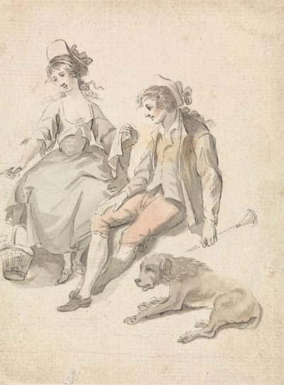 Berger, bergère et chien - Michel Vincent Brandoin