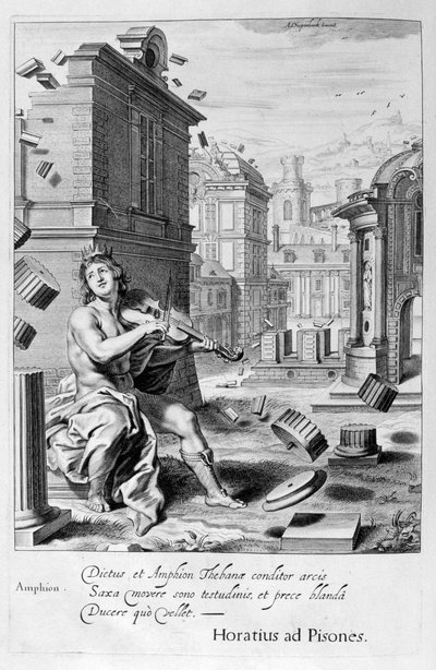 Amphion construit les murs de Thèbes par la musique de son violon, 1655 - Michel de Marolles