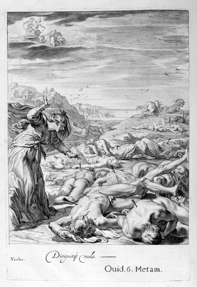 Apollon et Diane tuent les enfants de Niobé avec leurs flèches : elle est transformée en pierre, 1655 - Michel de Marolles