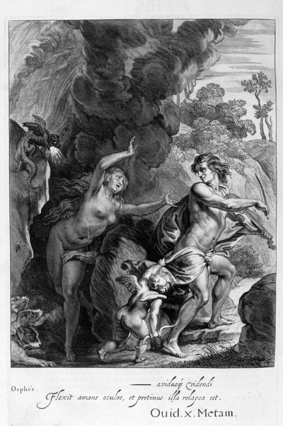 Orphée, conduisant Eurydice hors des Enfers, se retourne vers elle et la perd pour toujours, 1655 - Michel de Marolles