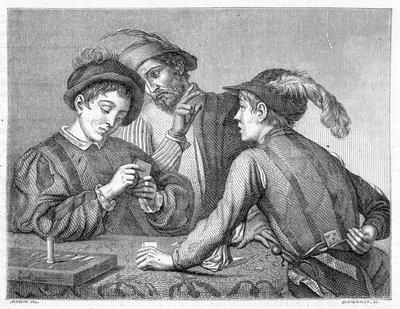 Les tricheurs. Gravure du 19ème siècle représentant l