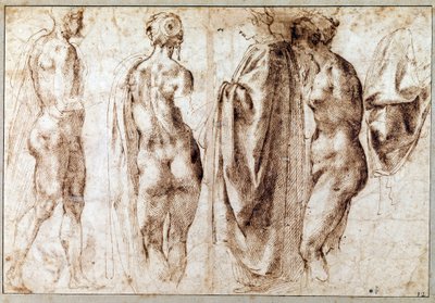 Groupe de quatre figures debout et un drapé Dessin à la plume de Michel-Ange (Michelangelo) - Michelangelo Buonarroti