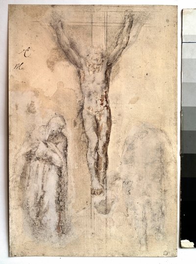 Étude pour une crucifixion. Représentation du Christ en croix avec la Vierge et Saint Jean. Dessin par Michelangelo Buonarroti dit Michel-Ange - Michelangelo Buonarroti