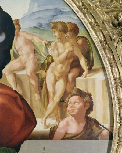 La Sainte Famille avec Saint Jean (Doni Tondo) montrant des figures nues en arrière-plan - Michelangelo Buonarroti