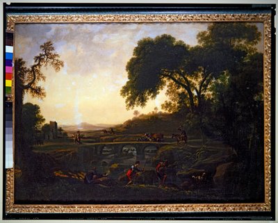 Paysage avec un pont et des paysans, des vaches et des chèvres - Michelangelo Cerquozzi