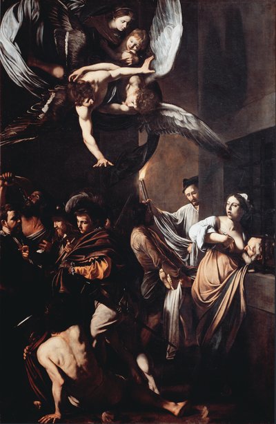 Les sept œuvres de miséricorde (Sette opere di misericordia). Cimon condamné à mourir de faim en prison se nourrit au sein de sa fille Pero (Charité Romaine) et en arrière-plan un homme porte une torche enflammée pour retirer un cadavre. En haut, la Vierge - Michelangelo Merisi da Caravaggio