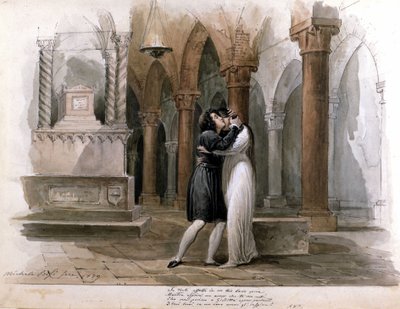 I Capuleti e i Montecchi (Les Capulet et les Montaigu) par Vincenzo Bellini, représentation au Théâtre de la Fenice à Venise. Giuditta Pasta et Giulia Grisi interprétant Roméo et Juliette. Aquarelle de Michele Bisi - Michele Bisi