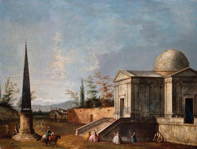 Figures élégantes devant une église classique à dôme, un obélisque à gauche - Michele Marieschi