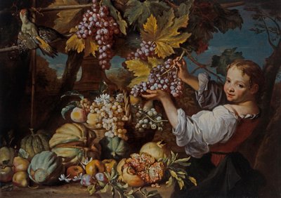 Une jeune fille présentant une grappe de raisins avec une nature morte de fruits - Michele Pace del Campidoglio