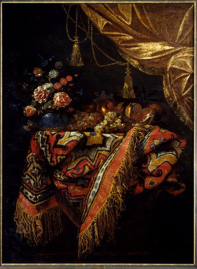 Nature morte Fruits et fleurs posés sur une nappe - Michele Pace del Campidoglio