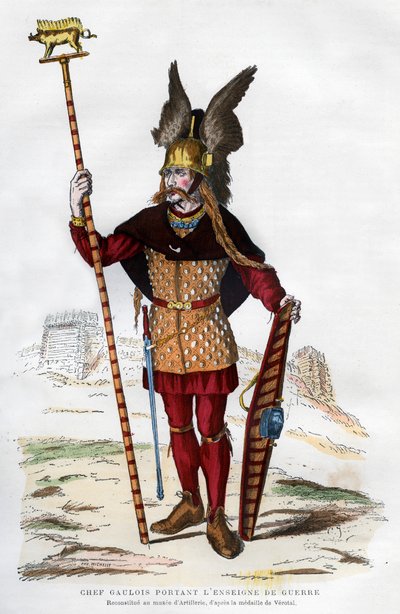 Chef gaulois en tenue de bataille portant un étendard - Michelet
