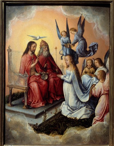 Le couronnement de la Vierge. La Vierge bénie par la trinité (Dieu, Christ et le Saint-Esprit) au-dessus d