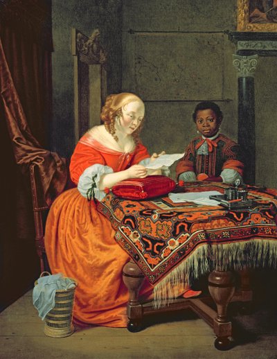 Une femme lisant une lettre avec un serviteur noir, 1670 - Michiel van Musscher
