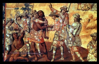 Détail des Conquistadors coupant les mains de deux espions de Xicotencatl - Miguel Gonzalez
