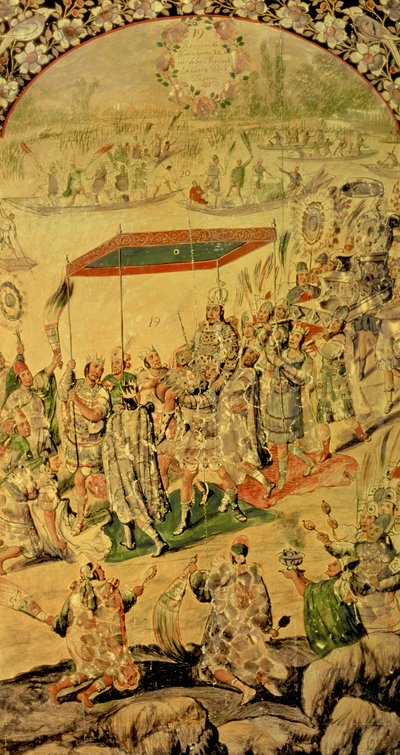 Une des deux panneaux représentant la rencontre entre Hernando Cortes (1485-1547) et Montezuma (1466-1520) : Montezuma et ses partisans, 1698 - Miguel and Juan Gonzalez
