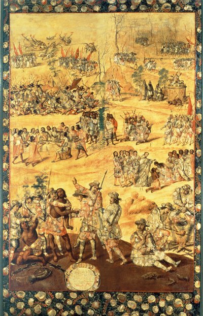 La Rencontre entre Hernando Cortes et Montezuma, panneau de la Conquête du Mexique - Miguel and Juan Gonzalez