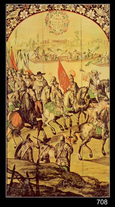 La rencontre entre Hernando Cortes (1485-1547) et Montezuma (1466-1520), 1698 - Miguel and Juan Gonzalez