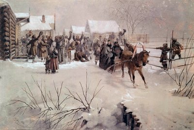 Tsar Alexandre II dans un traîneau traversant un village sous la neige - Mihaly von Zichy