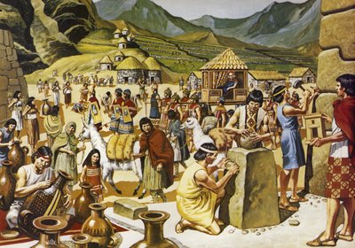 La vie quotidienne dans une communauté inca (lithographie couleur) - Mike (20th century) White