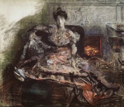 Après le concert. Portrait de N. Zabela-Vroubel près de la cheminée dans une robe conçue par Vroubel, 1905 - Mikhail Aleksandrovich Vrubel