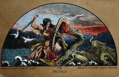 Carte postale représentant le Chevalier Trut combattant le Dragon des Roches, c.1900 - Mikolas (after) Ales