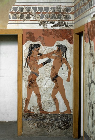 Art minoen : combat entre deux boxeurs. Fresque d