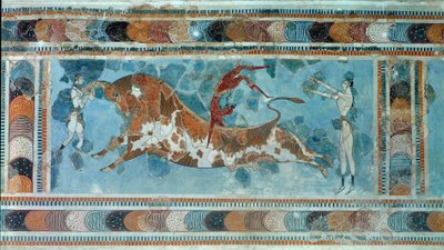 Civilisation minoenne : scène de taurokathapsia, sport crétois consistant à sauter sur le dos d