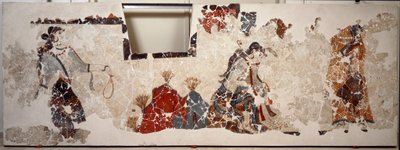 Civilisation minoenne : femmes en adoration. Fresque du bassin lustral du bâtiment Xeste 3 d