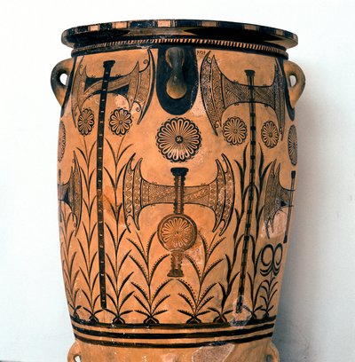 Art minoen : vase en terre cuite de la période néopalatiale décoré de symboles des divinités et de représentations du ciel et de la terre ainsi que de la double hache, symbole de la civilisation crétoise. De Knossos (Cnossos) Héraklion, Musée archéologique - Minoan