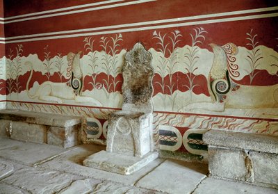 Civilisation minoenne : vue de la salle du trône du palais du roi Minos à Knossos. Crète, Grèce - Minoan