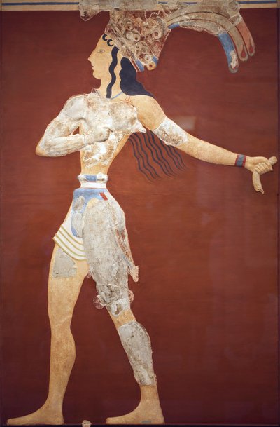 Art minoen « Prince des Lys » fresque. Reconstruction originale à partir des quelques fragments trouvés par A. Evans sur le site archéologique de Knossos. Musée archéologique d