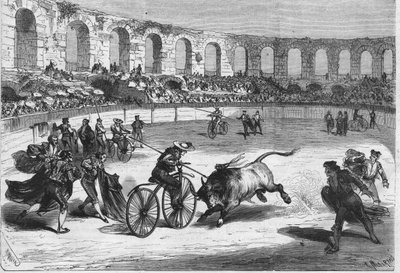 Course de taureaux dans les arènes de Nîmes en 1869. Les toréadors montés sur vélocipèdes. Dessin de M. Miranda - Miranda Miranda