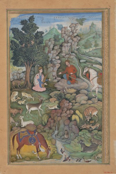 Bahram Gur voit un troupeau de cerfs hypnotisés par la musique de Dilaram, Folio de..., 1597-98 - Miskin