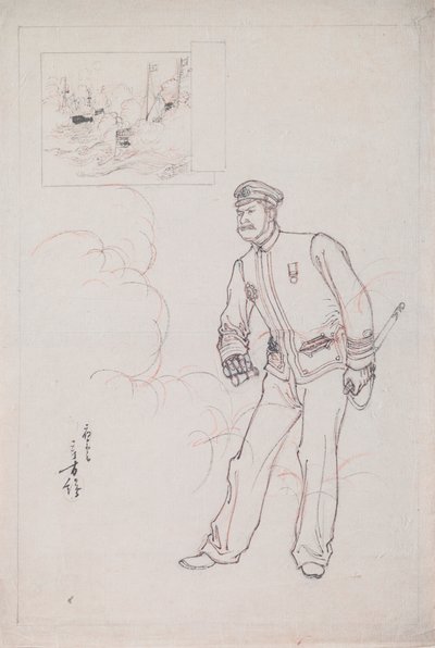 Dessin préparatoire pour une gravure sur bois représentant un officier naval japonais pendant la guerre sino-japonaise - Mizuno Toshikata