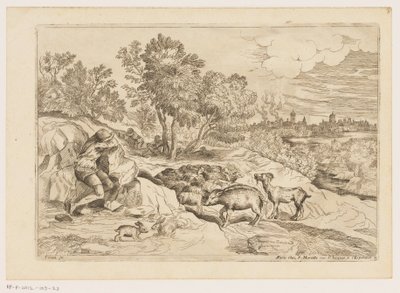 Paysage avec trois bergers se reposant près d