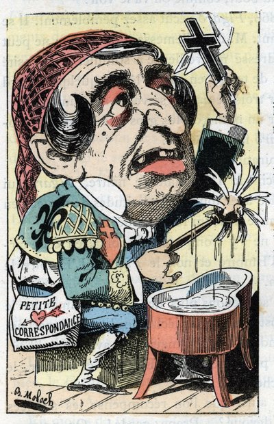 Allégorie du journal français Le Figaro dans « Le Trombinoscope » par Touchatout, caricature par B. Moloch de 1882 - Collection privée - Moloch