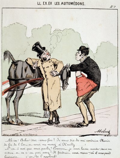 HE. EX. EX. Motoredons: Caricature du transport en ville. Un bourgeois qui a demandé au cocher de le conduire à la Gare de l