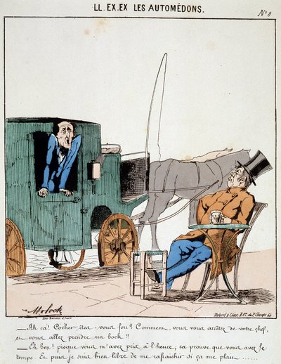 HE. EX. EX. Motoredons : Caricature du transport en ville. Un cocher payant à l