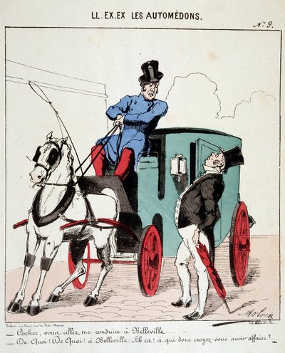HE. EX. EX. Motoredons : Caricature du transport en ville. Un cocher refuse de conduire un bourgeois à Belleville (Quartier de Paris). Dessin de Moloch (1849-1909), vers 1860 - Moloch