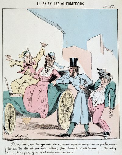 HE. EX. EX. Motoredons : Caricature du transport en ville. Un cocher prend un ami ivre dans la voiture à côté de deux bourgeoises horrifiées. Dessin de Moloch (1849-1909), vers 1860 - Moloch