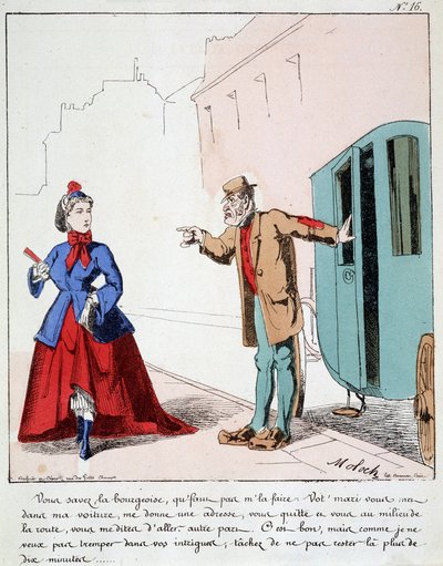 HE. EX. EX. Motoredons : Caricature du transport en ville. Le cocher réprimande une bourgeoise qui va au parc tandis que son mari a demandé au conducteur de la conduire ailleurs. Dessin de Moloch (1849-1909), vers 1860 - Moloch