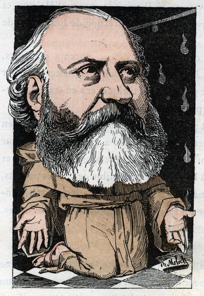 Portrait de Charles Gounod (1818-1893), compositeur français dans "Le Trombinoscope" par Touchatout, caricature de B. Moloch de 1882 (1849-1909). Collection privée. - Moloch