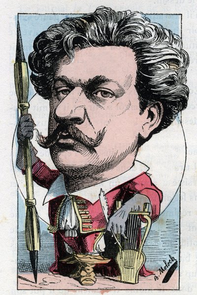 Portrait de Louis Alexandre Gosset de Guines dit André Gill (1840-1885) poète peintre français dans « Le Trombinoscope » par Touchatout, caricature de B. Moloch de 1882 (1849-1909). Collection privée. - Moloch