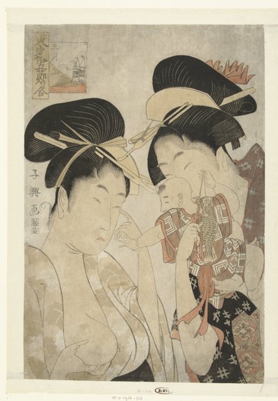 Deux femmes et un petit enfant : le cinquième mois (Noordelijke gebruiken tijdens de Vijf Festivals) - Momokawa Chôki