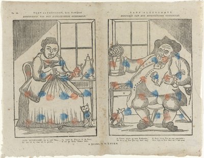 Trijn Antijddorst, Geb: Koffijlief. / Chef des sœurs du café. / Hans Altyddorst. / Chef des buveurs de bière - Monogrammist B (prentmaker)