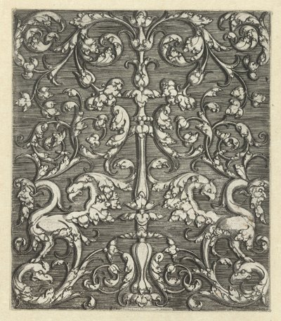 Ornement avec deux animaux fantastiques et chandelier - Monogrammist IG