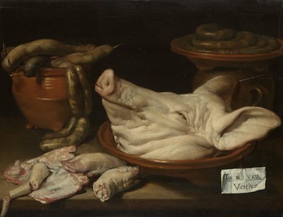 Nature morte avec tête de cochon, jarrets de porc et saucisse - Monogrammist JVR