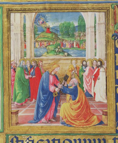 Ms 542 f.3v Le Christ donnant les clés à Saint Pierre, en arrière-plan Dieu remet les Tables de la Loi à Moïse, d